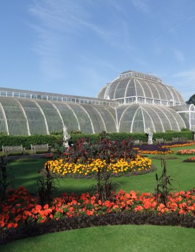 Kew Gardens Palm House & Gardens with yellow and red flowers