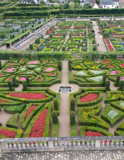 Chateaux Villandry Garden in France with formal beds, pink flowers and hedges