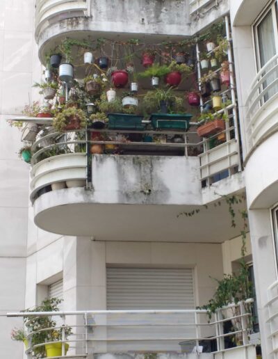 Hanging planters on patio in Paris, France
